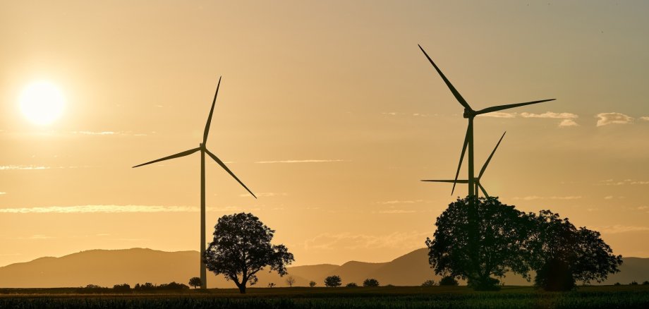 Windräder in der Landschaft  im Gegenlicht